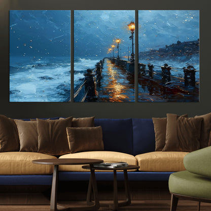 93793246-MGV-CV-36X24-Stormy Night Pier Canvas Wall Art – Moody Ocean Landscape with Lights, Blue Coastal Seascape Print for Bedroom, Living Room,