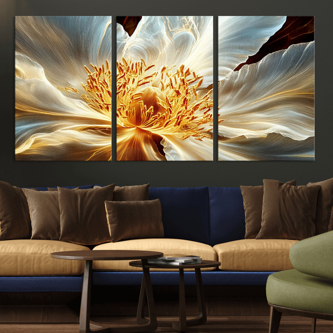 20862576-MGV-CV-36X24-Golden Abstract Flower Canvas Wall Art – Modern Botanical Bloom Print, Elegant Floral Artwork for Living Room, Bedroom, Office