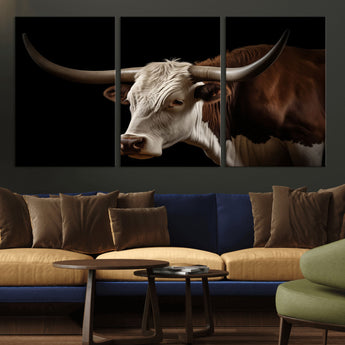 27414857-MGV-CV-36X24-Texas Longhorn Bull Canvas Wall Art – Rustic Western Farmhouse Decor, Brown & White Cow Portrait, Animal Print for Ranch Home