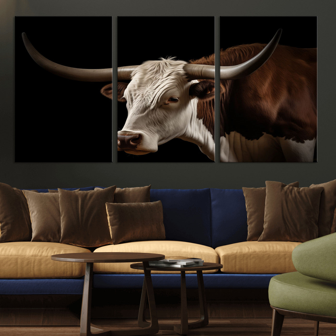27414857-MGV-CV-36X24-Longhorn Bull Wall Art – Dramatic Western Steer Portrait Canvas Print, Rustic Farmhouse Animal Decor for Living Room, Office, or