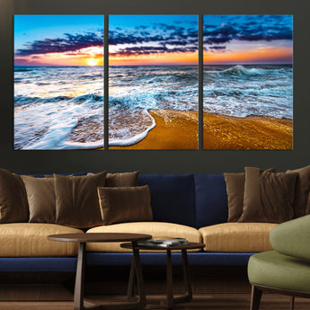 24077769-MGV-CV-36X24-Sunset Beach Wall Art – Ocean Waves Canvas Print, Golden Shoreline Photography Coastal Decor for Living Room, Bedroom, Office,