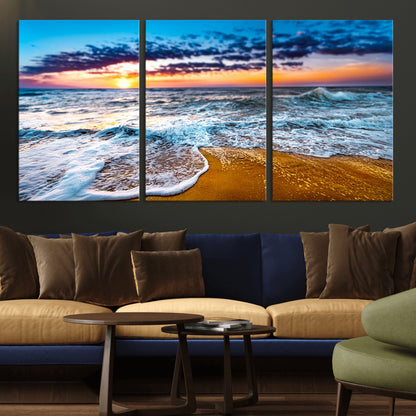 24077769-MGV-CV-36X24-Sunset Beach Wall Art – Ocean Waves Canvas Print, Golden Shoreline Photography Coastal Decor for Living Room, Bedroom, Office,