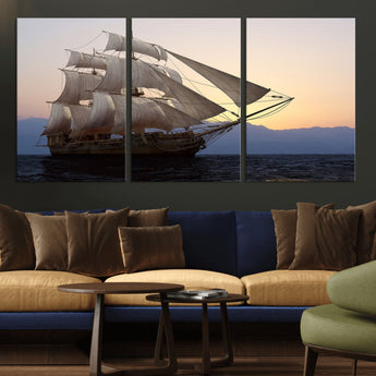 99957679-MGV-CV-36X24-Majestic Sailing Ship Wall Art – Sunset Ocean Voyage, Classic Tall Ship with Wind Filled Sails Canvas Print for Home, Office,