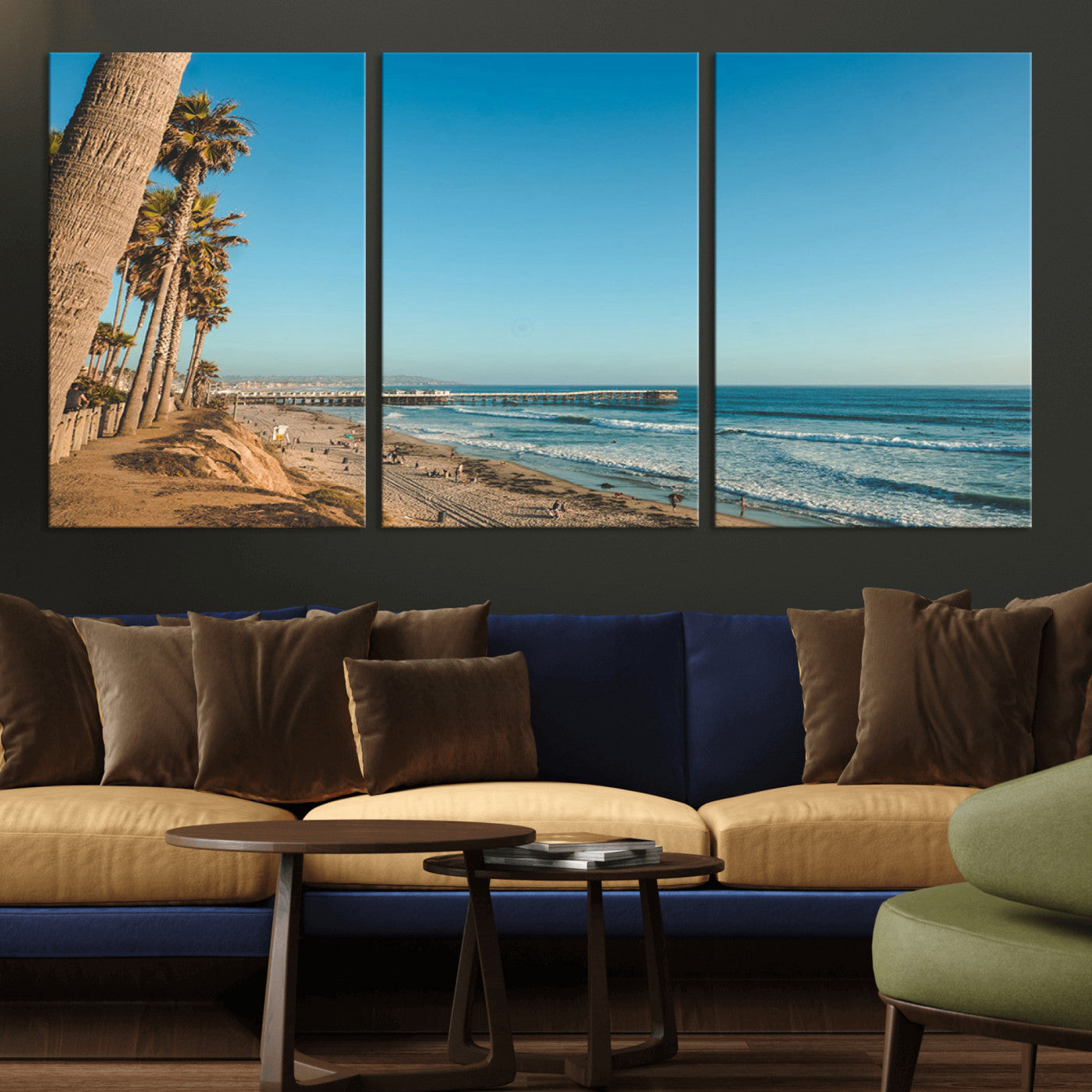 92568259-MGV-CV-36X24-California Beach Wall Art – Palm Tree Pier Canvas Print, Coastal Ocean Photography Seaside Decor for Living Room, Bedroom, Office,