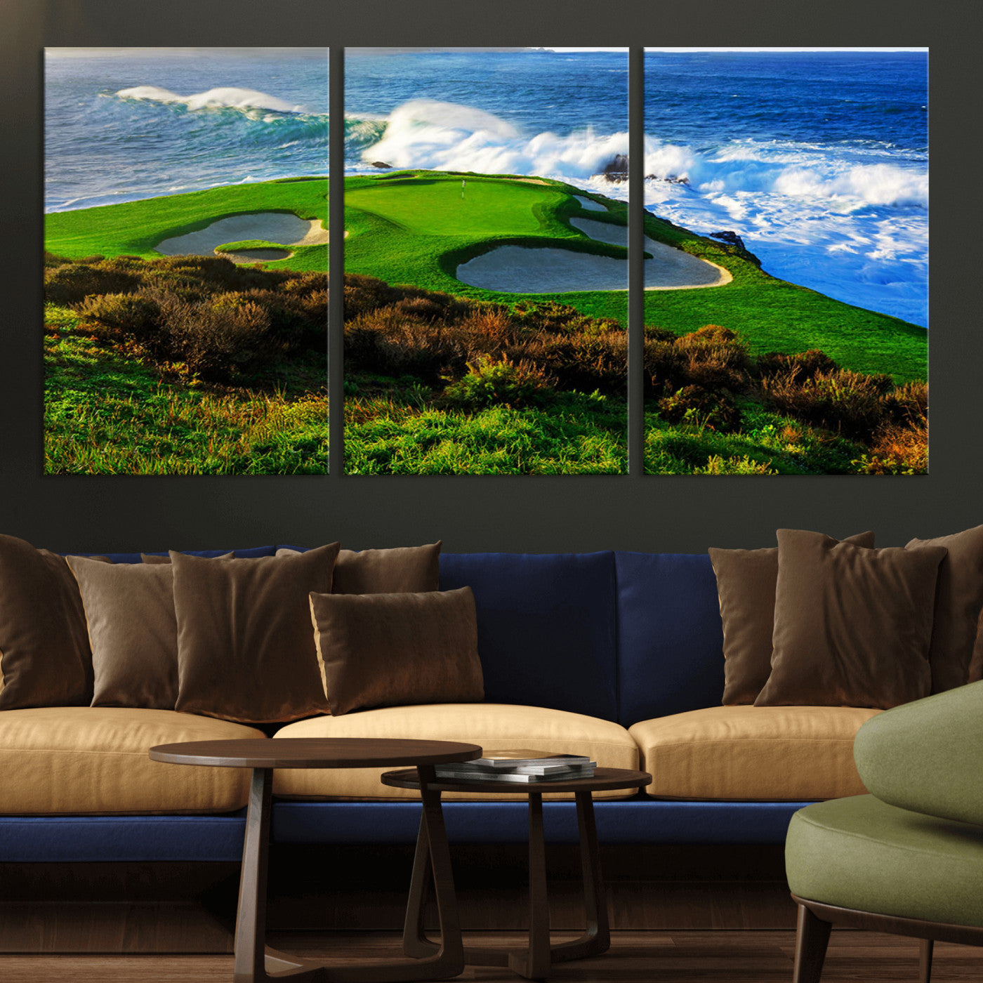 34181847-MGV-CV-36X24-Coastal Golf Course Wall Art – Panoramic Ocean Fairway Canvas Print, Scenic Sports Photography Decor for Office, Man Cave, Living
