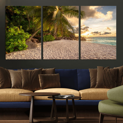 89531159-MGV-CV-60X30-3P-Tropical Beach Sunset Canvas Wall Art – Palm Trees Golden Sand Ocean Waves Coastal Paradise Print for Beach House Bedroom Bathroom