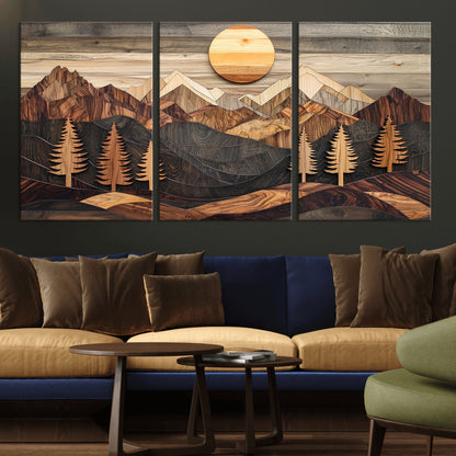 90044381-MGV-CV-36X24-Rustic Wall Art – Wooden Mountain Landscape with Sun and Pine Trees, Handcrafted Nature Canvas Style Decor for Bedroom, Living