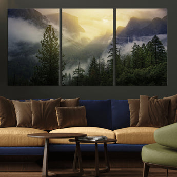 38316884-MGV-CV-36X24-Landscape Wall Art – Misty Mountain Valley Canvas Print, Scenic Pine Forest and Sunrise Photography Decor for Bedroom, Living