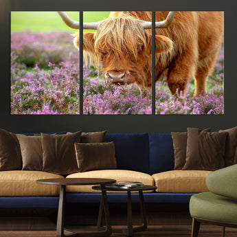 64069351-MGV-CV-36X24-Farmhouse Wall Art – Highland Cow in Wildflowers Canvas Print, Rustic Country Cattle Photography Decor for Bedroom, Living Room,