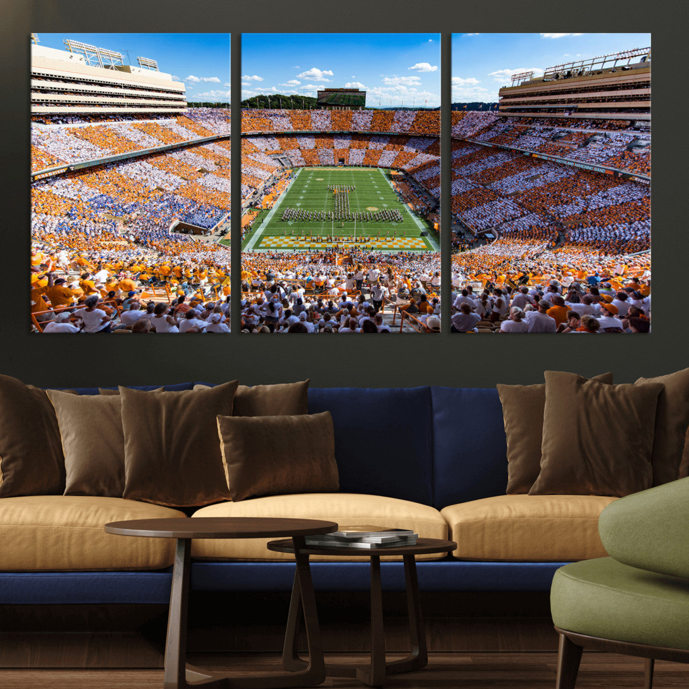 64238859-MGV-CV-36X24-Neyland Stadium Wall Art – Panoramic Tennessee Volunteers Power T Checkerboard Crowd Canvas Print, Day Game Football Band Sports