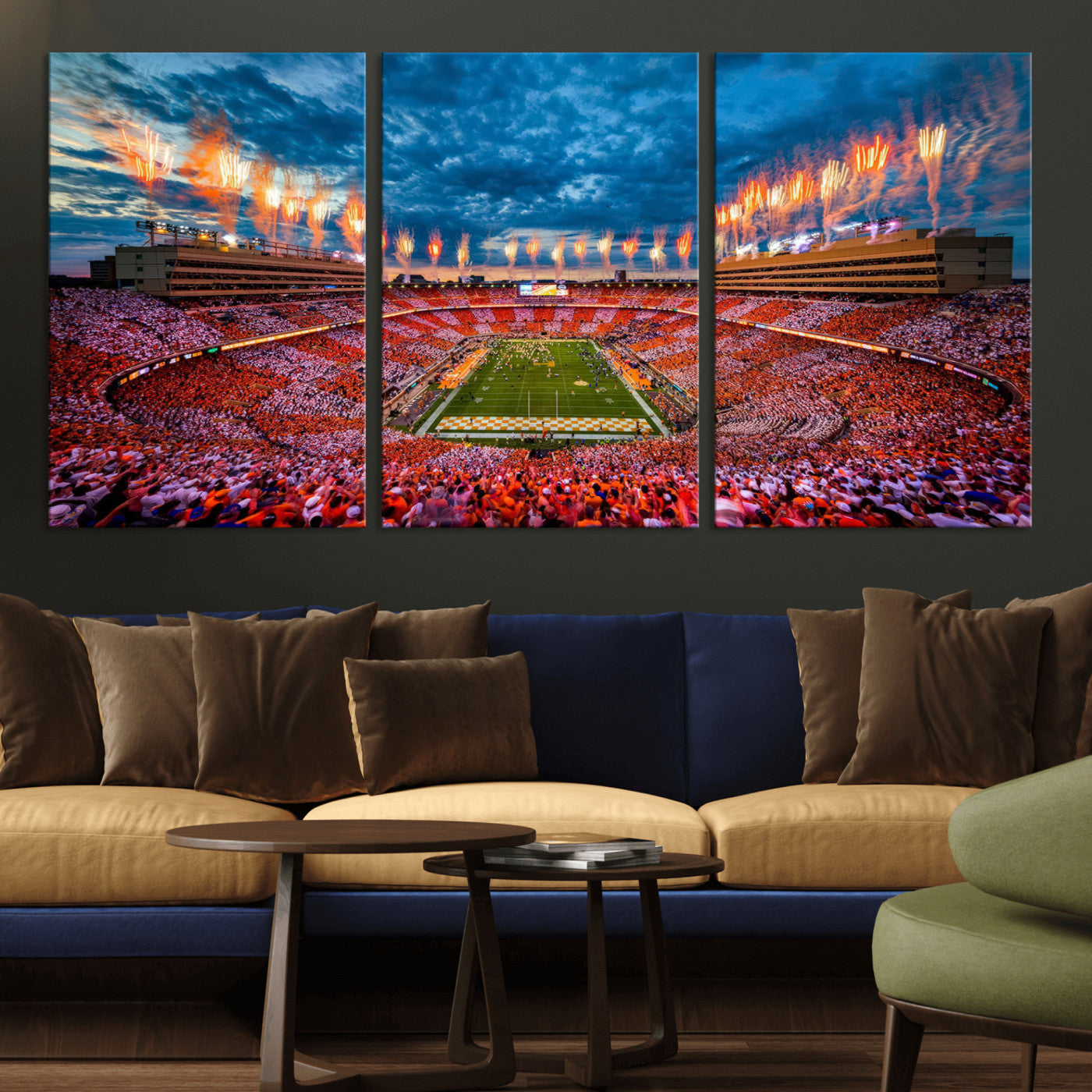 94266219-MGV-CV-36X24-Neyland Stadium Wall Art – Panoramic Tennessee Volunteers Checkerboard Crowd Fireworks Canvas Print, Football Game Day Sports