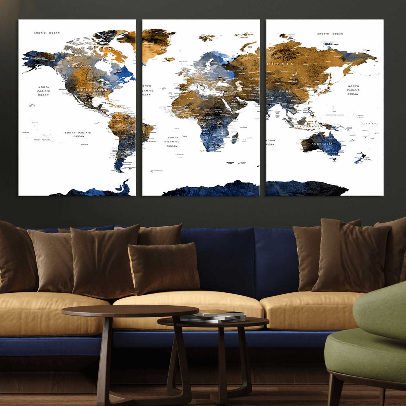 MGV-CV-60X30-3P - World Map Wall Art Canvas Print, Framed Blue Gold Map Art Picture Print, Rustic Atlas Perfect Rustic Modern Decor Artwork