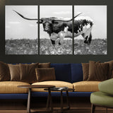 83785-MGV-CV-36X24-Texas Longhorn Wall Art Canvas Print, Framed Horned Bull Art Picture Print, Monochrome Cattle Perfect Rustic Western Decor Artwork