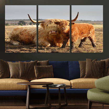 88780-MGV-CV-36X24-Highland Cow Wall Art Canvas Print, Framed Cow Calf Art Picture Print, Scottish Cattle Perfect Rustic Farmhouse Decor Artwork