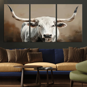 63550-MGV-CV-36X24-Texas Longhorn Wall Art Canvas Print, Framed White Bull Art Picture Print, Horned Cattle Perfect Rustic Western Decor Artwork