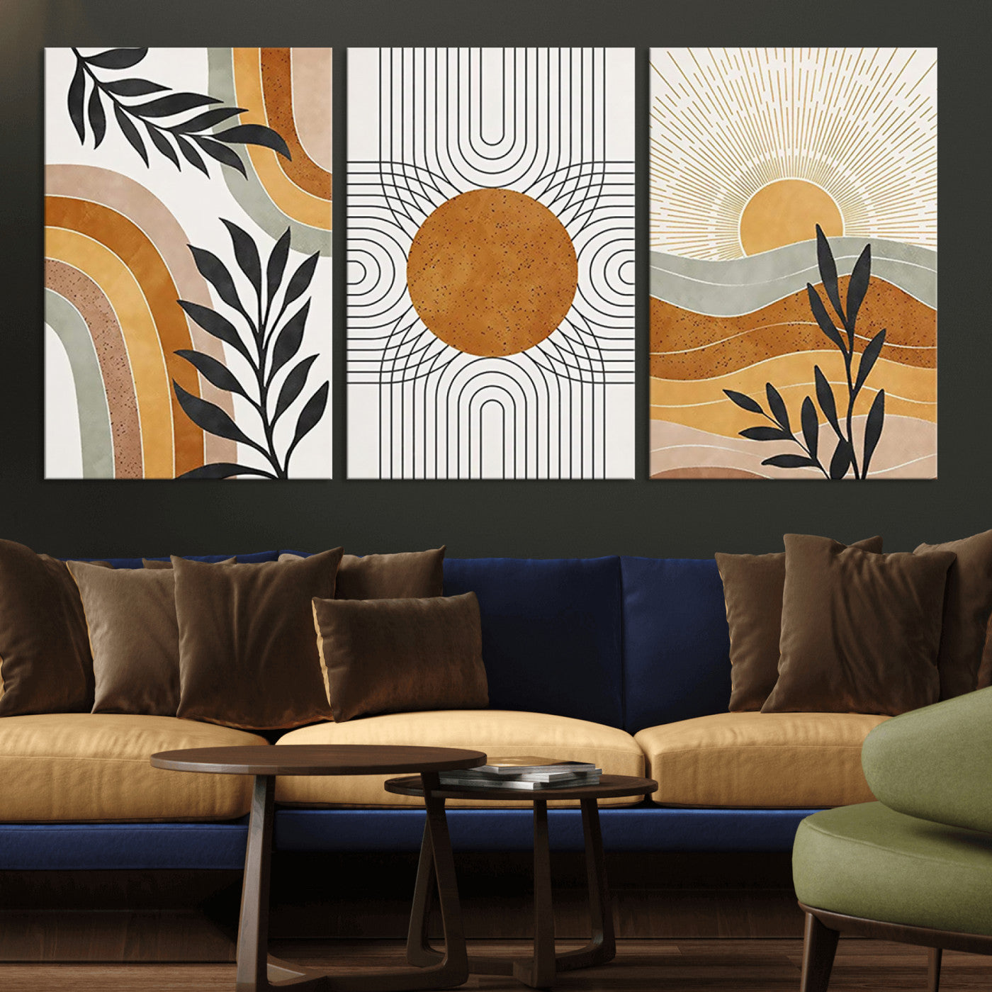 32359-MGV-CV-36X24-Modern Sun Wall Art Canvas Print, Framed Retro Horizon Art Picture Print, Sunburst Design Perfect Mid Century Boho Decor Artwork