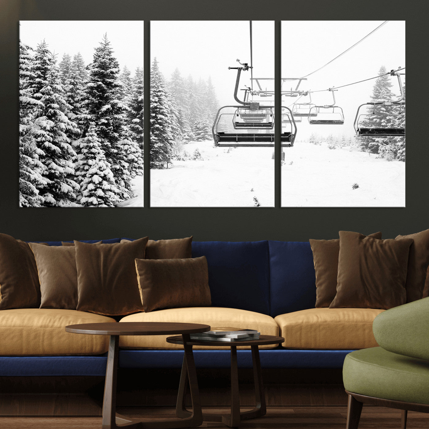 49274-MGV-CV-36X24-Snowy Forest Wall Art Canvas Print, Framed Ski Lift Art Picture Print, Mountain Snow Perfect Minimal Winter Lodge Decor Artwork