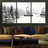 49274-MGV-CV-36X24-Snowy Forest Wall Art Canvas Print, Framed Ski Lift Art Picture Print, Mountain Snow Perfect Minimal Winter Lodge Decor Artwork