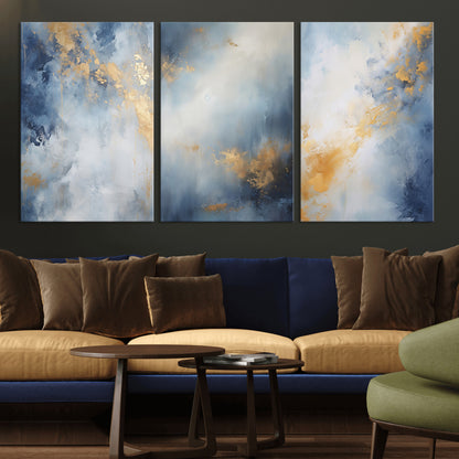 41836-MGV-CV-36X24-Abstract Gold Wall Art Canvas Print, Framed Blue Layers Art Picture Print, Elegant Cloud Perfect Elegant Minimalist Decor Artwork