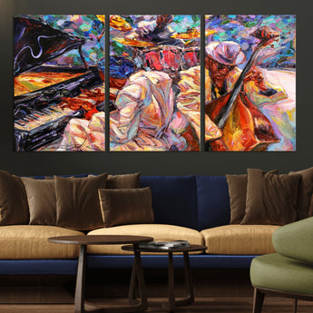 13675-MGV-CV-36X24-Jazz Band Wall Art Canvas Print, Framed Jazz Oil Painting Art Picture Print, Vibrant Music Perfect Abstract Musical Decor Artwork