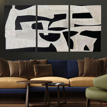 33714-MGV-CV-36X24-Monochrome Design Wall Art Canvas Print, Framed Modern Linework Art Picture Print, Textured Shapes Perfect Monochrome Modern Decor