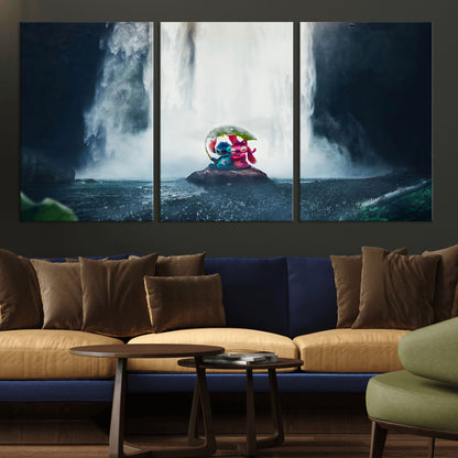 32259-MGV-CV-36X24-Stitch Angel Wall Art Canvas Print, Framed Stitch Waterfall Art Picture Print, Cartoon Couple Perfect Moody Fantasy Decor Artwork