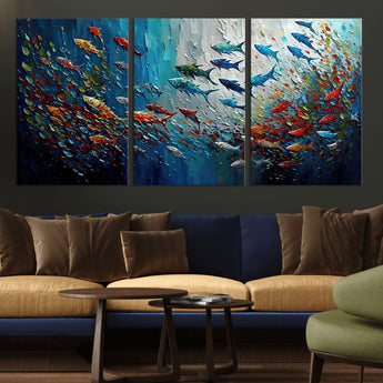 89626-MGV-CV-36X24-Fish Swarm Wall Art Canvas Print, Framed Abstract Ocean Art Picture Print, Underwater Life Perfect Vibrant Coastal Decor Artwork