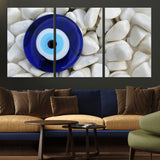 48883-MGV-CV-36X24-Evil Eye Wall Art – Deep Blue Symbol of Presence and Calm on White Stones, Subtle Spiritual Decor for Entryway, Studio, Office or