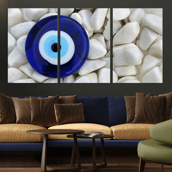 48883-MGV-CV-36X24-Evil Eye Wall Art – Deep Blue Symbol of Presence and Calm on White Stones, Subtle Spiritual Decor for Entryway, Studio, Office or