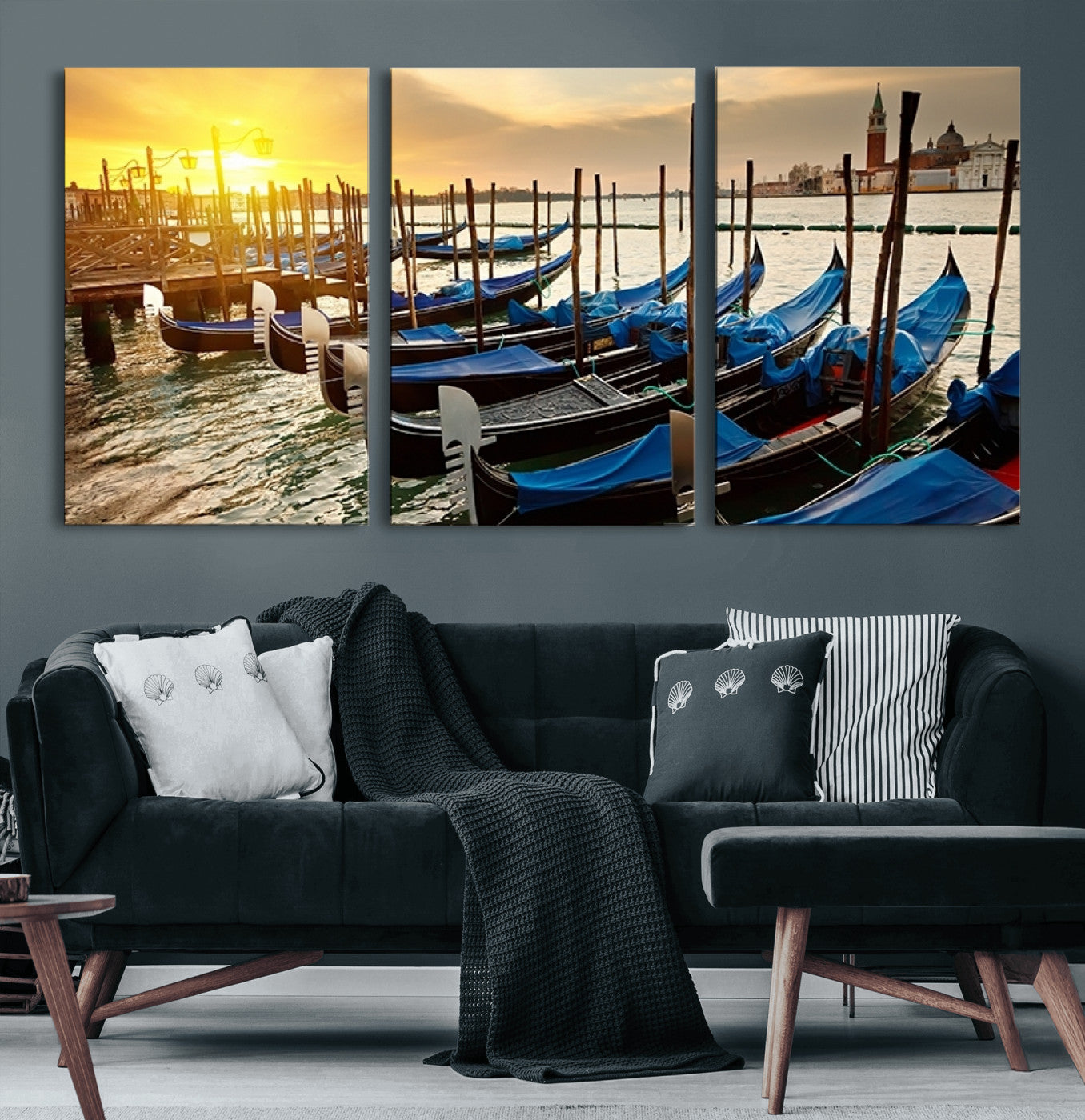 25872-MGV-CV-60X30-3P-Venetian Gondola Dock Wall Art – Serene Sunset Canal Canvas Print, Tranquil Water Travel Decor for Office, Living Room, or Man