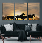 16620-MGV-CV-60X30-3P-Sunset Stallions Wall Art – Silhouetted Horses Running Canvas Print, Nature’s Rhythm, Perfect for Living Room, Office, or Man Cave