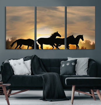 16620-MGV-CV-60X30-3P-Sunset Stallions Wall Art – Silhouetted Horses Running Canvas Print, Nature’s Rhythm, Perfect for Living Room, Office, or Man Cave