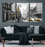 32362-MGV-CV-60X30-3P-NYC Street Wall Art – Black and White Cityscape with Yellow Taxis and Umbrella Canvas Print, Urban Home Decor for Living Room or