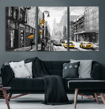 32362-MGV-CV-60X30-3P-NYC Street Wall Art – Black and White Cityscape with Yellow Taxis and Umbrella Canvas Print, Urban Home Decor for Living Room or