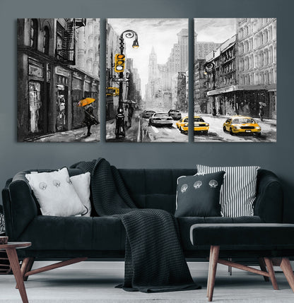 32362-MGV-CV-60X30-3P-NYC Street Wall Art – Black and White Cityscape with Yellow Taxis and Umbrella Canvas Print, Urban Home Decor for Living Room or