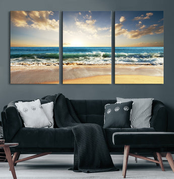 13139-MGV-CV-60X30-3P-Sunrise Beach Wall Art – Ocean Waves and Golden Sand Canvas Print, Coastal Home Decor for Living Room, Bedroom, or Office