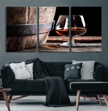 50839-MGV-CV-60X30-3P-Barrel & Brandy Wall Art – Rustic Whiskey Barrel and Brandy Glass Canvas Print, Elegant Home Bar or Lounge Decor for Office, Man