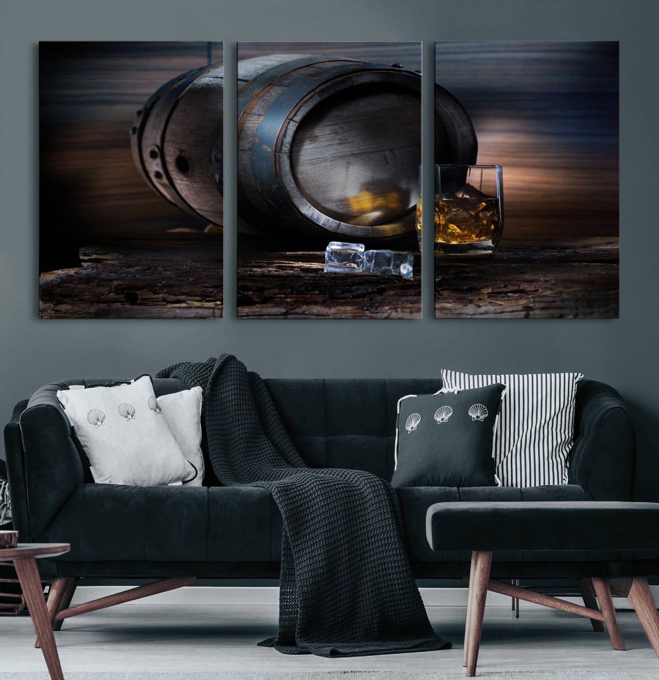 78049-MGV-CV-60X30-3P-Whiskey Barrel Wall Art – Rustic Whiskey Barrel and Glass with Ice Canvas Print, Classic Bar or Lounge Decor for Home, Office, or