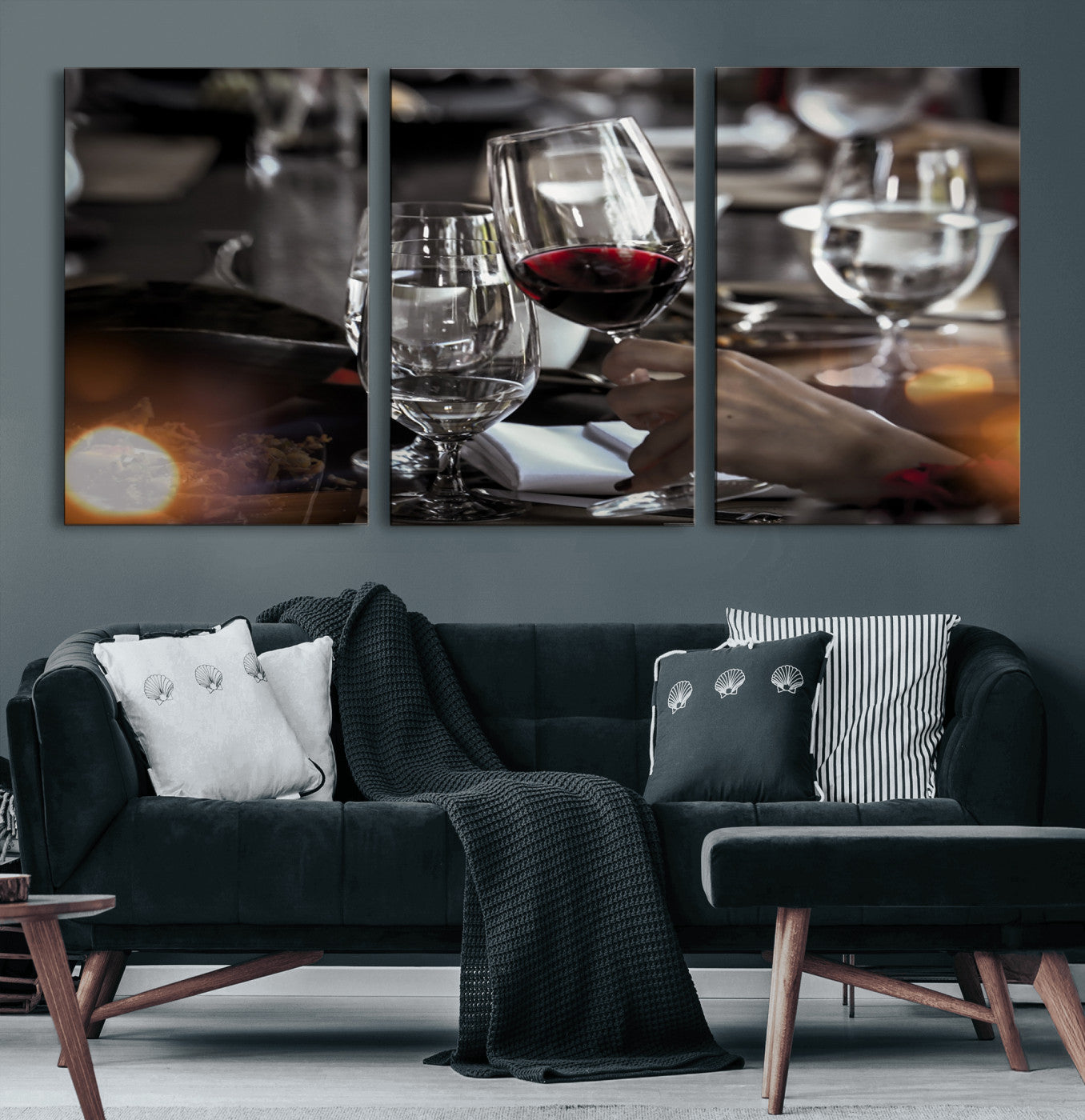 75513-MGV-CV-60X30-3P-Elegant Wine Toast Wall Art – Close-Up Red Wine Glass at Dinner Table Canvas Print, Sophisticated Dining Room or Bar Decor