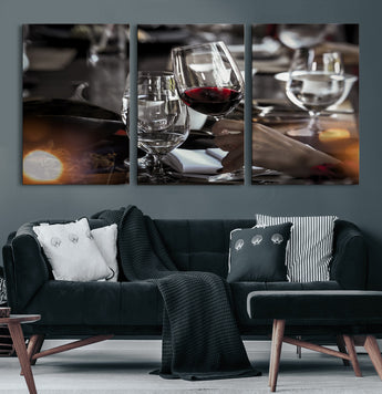75513-MGV-CV-60X30-3P-Elegant Wine Toast Wall Art – Close-Up Red Wine Glass at Dinner Table Canvas Print, Sophisticated Dining Room or Bar Decor