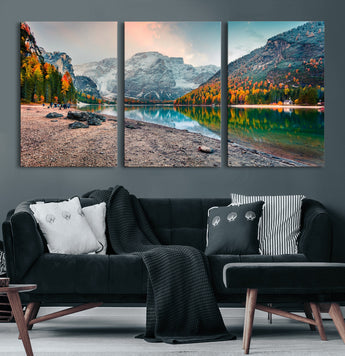 25982-MGV-CV-60X30-3P-Autumn Mountain Lake Wall Art – Panoramic Fall Foliage and Snowy Peaks Canvas Print, Scenic Nature Decor for Living Room or Office