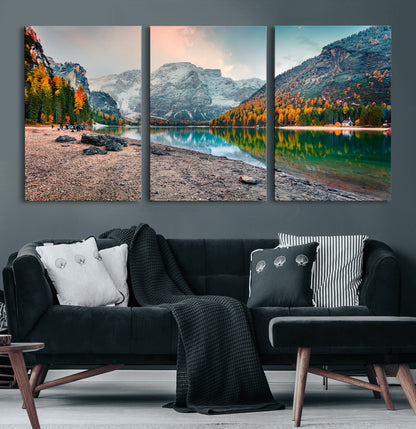25982-MGV-CV-60X30-3P-Autumn Mountain Lake Wall Art – Panoramic Fall Foliage and Snowy Peaks Canvas Print, Scenic Nature Decor for Living Room or Office