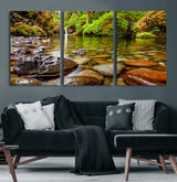98096-MGV-CV-60X30-3P-Serene River Waterfall Nature Photo – Calm Clear Water, Vibrant Green Forest and Smooth Stones Landscape Wall Art for Home or