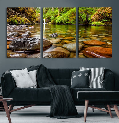 98096-MGV-CV-60X30-3P-Serene River Waterfall Nature Photo – Calm Clear Water, Vibrant Green Forest and Smooth Stones Landscape Wall Art for Home or