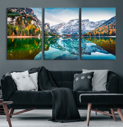 10402-MGV-CV-36X24-Snowy Mountain Lake Wall Art – Autumn Landscape Canvas Print with Reflection, Nature Decor for Living Room, Office, Bedroom or