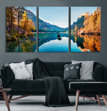32962-MGV-CV-60X30-3P-Mountain Lake Wall Art – Tranquil Autumn Landscape Canvas Print, Nature Reflection Decor for Living Room, Bedroom, Office or Cabin