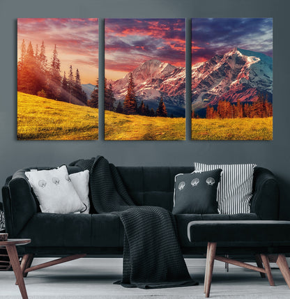 83947-MGV-CV-60X30-3P-Sunset Mountain Landscape Wall Art – Panoramic Alpine Meadow and Snow Capped Peaks Canvas Print, Nature Scenic Decor for Home,