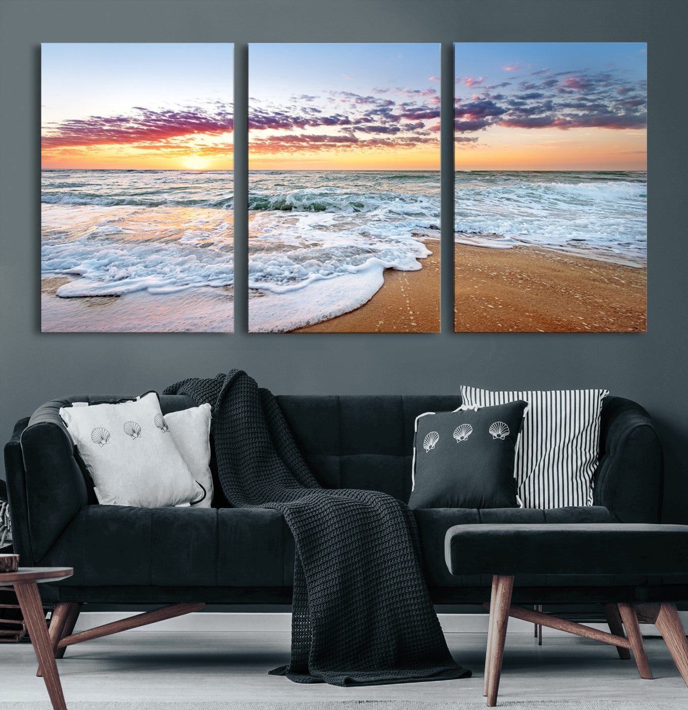 39560-MGV-CV-60X30-3P-Sunrise Beach Wall Art – Vibrant Ocean Waves and Golden Sand Canvas Print, Seaside Coastal Decor for Living Room, Bedroom or