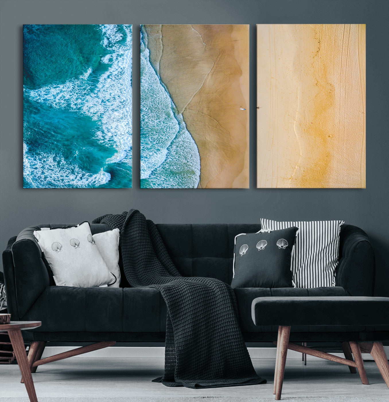 46640-MGV-CV-60X30-3P-Aerial Beach Wall Art – Turquoise Waves and Golden Sand Canvas Print with Lone Surfer, Coastal Ocean Decor for Living Room,