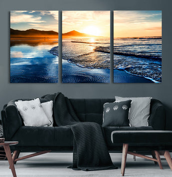 86173-MGV-CV-60X30-3P-Golden Sunset Beach Wall Art – Reflective Ocean Canvas Print with Mountains and Waves, Coastal Nature Decor for Living Room,